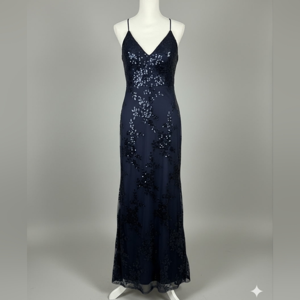 Elegant Navy Sequin Spaghetti Strap Evening Dress